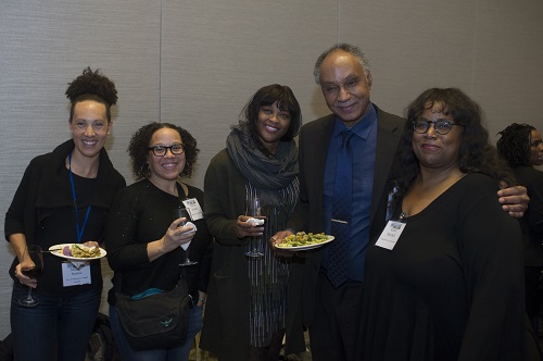 Incoming AHA president Tyler Stovall at the Committee on Minority Historians reception, with Minayo Nasiali, Marisa Fuentes, Tanisha Ford, and Robin Mitchell (from left).
